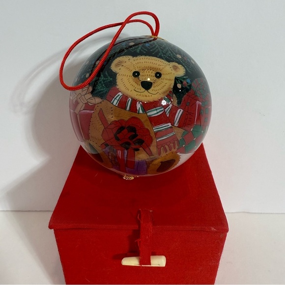 Christmas House Hand Painted Large Glass Ornament Teddy Bear Red Box - Picture 1 of 6